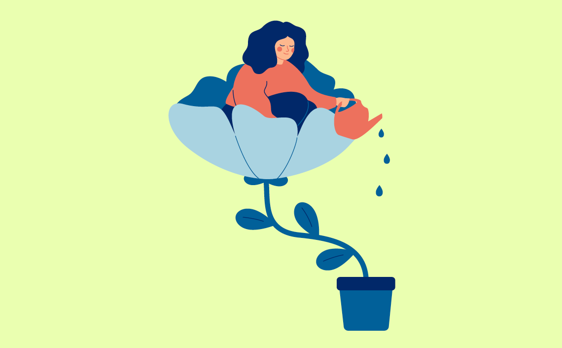 An illustration of a woman inside a flower watering the pot the flower is growing out of