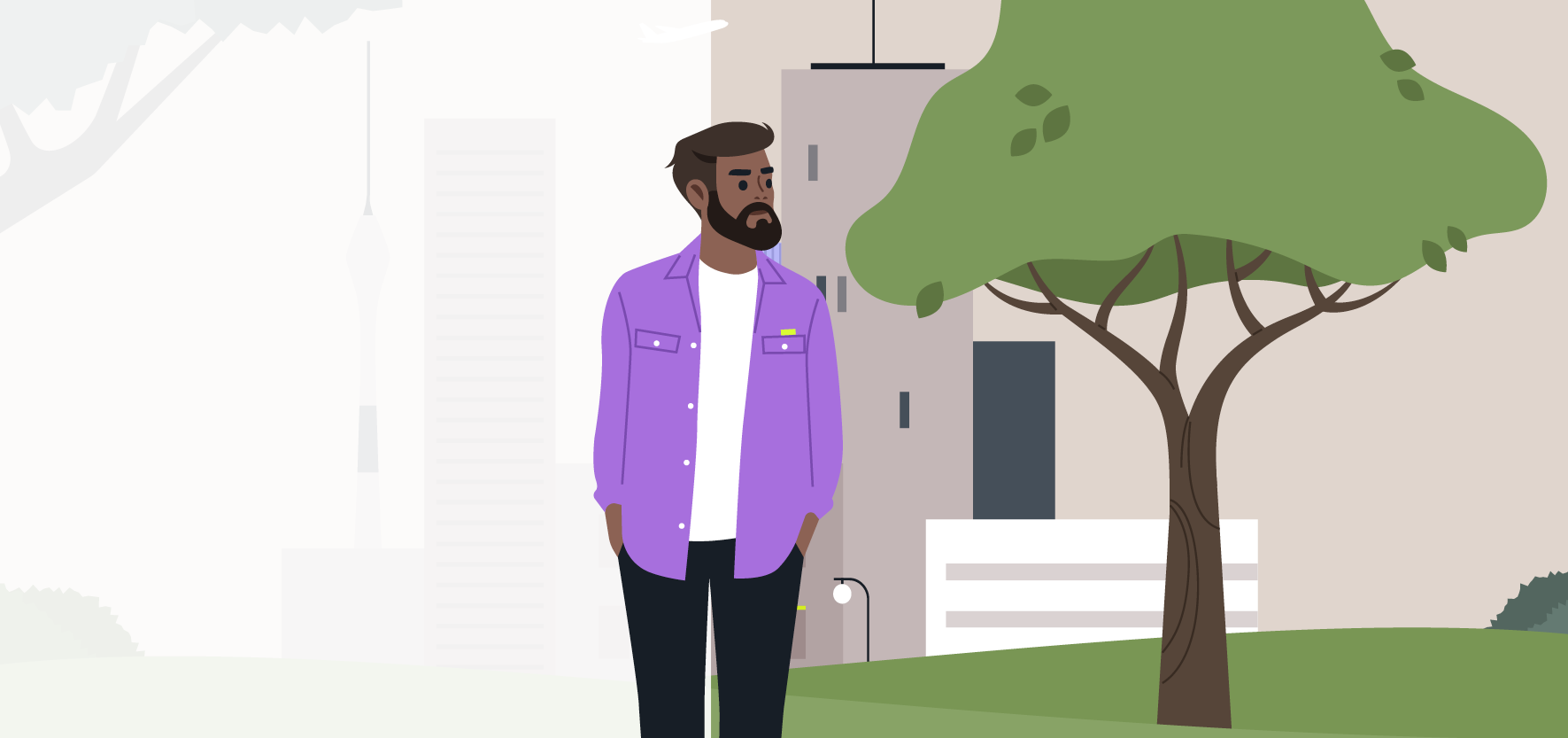 Illustration of a man standing at the border between an urban cityscape and a park, symbolizing single sided hearing los